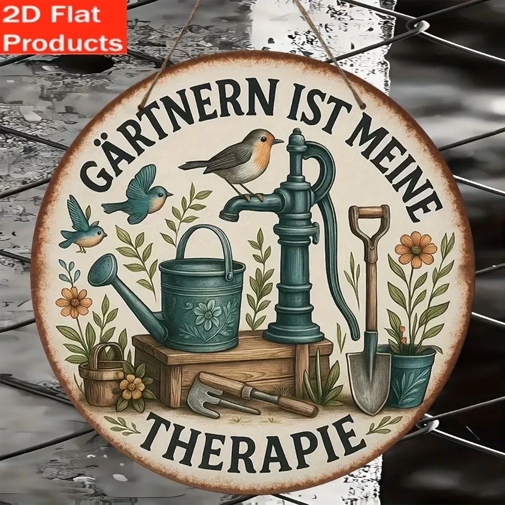 Gardening Tools German - 2D フラット：ヴィンテージガーデンサイン1枚、ドイツ語の引用、鳥と道具のデザイン、素朴な壁飾り、庭/玄関用、理想的なホリデーギフト