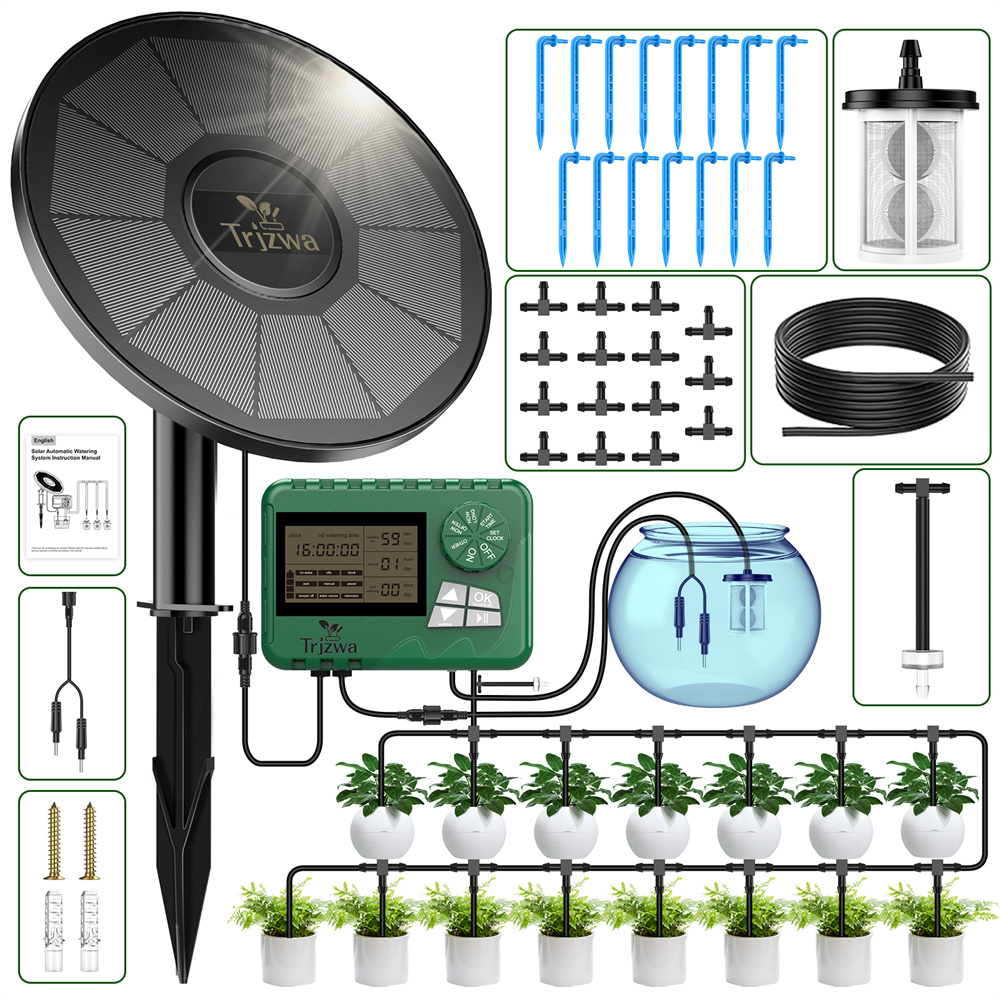 Drip Irrigation Kit - スマートタイマーと水不足警告機能付きソーラードリップ灌漑システム、15mホースと15個のドリップヘッド付き自動散水キット、植物/野菜/樹木に最適