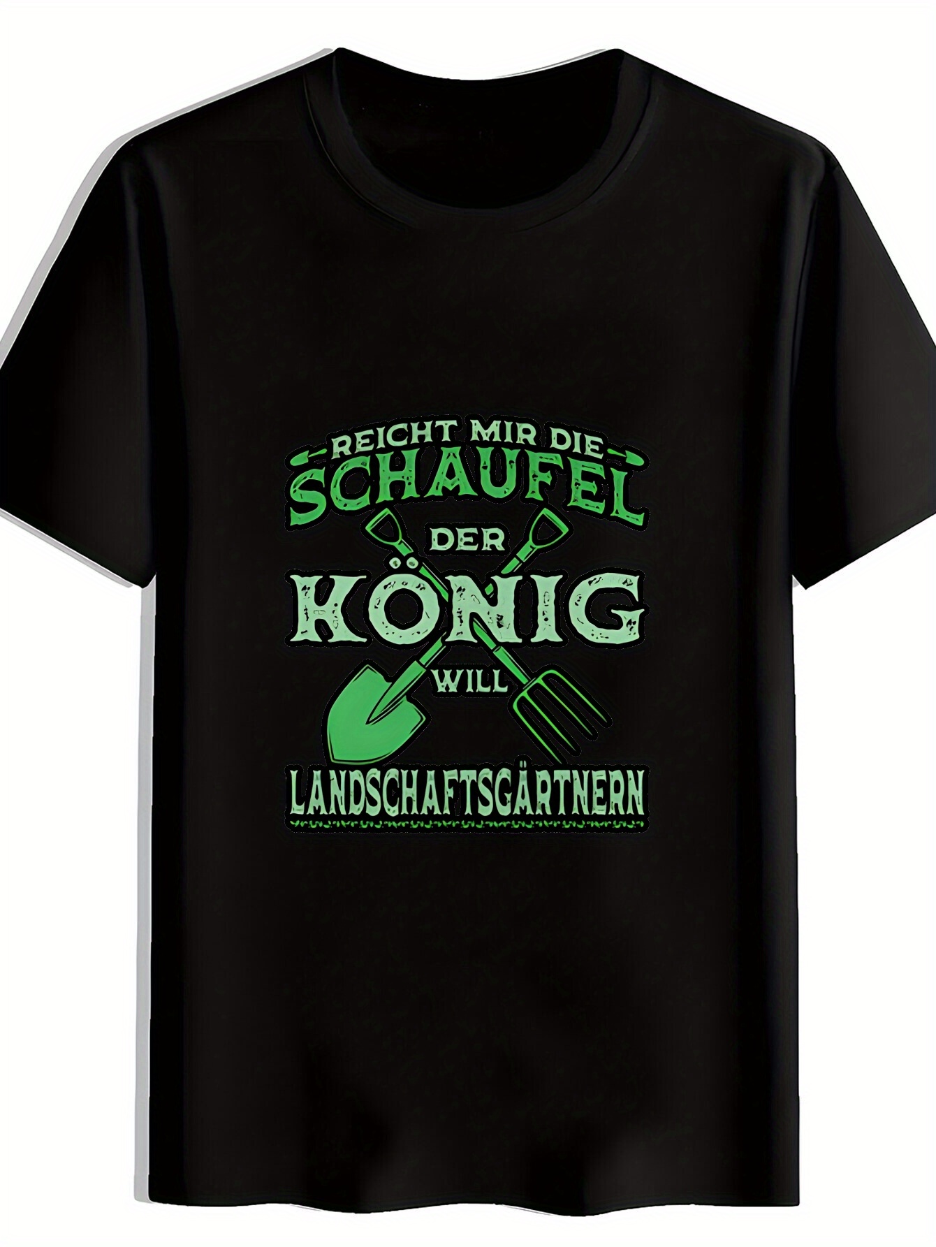 Gardening Tools German - メンズカジュアル半袖Tシャツ - ブラック、ドイツ語のテキスト入りガーデニングツールプリント、ラウンドネックサマートップ、洗濯機で洗えるレギュラーフィットTシャツ、アウトドア愛好家やギフト、ガーデニング愛好家向けアパレル | 遊び心のあるプリントデザイン |
