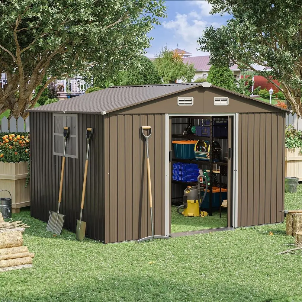 Gardening Tools In - 10T x 8T 屋外用金属製収納庫（ロック可能なドア、引き戸、換気口付き）ガーデニングや芝生用具用