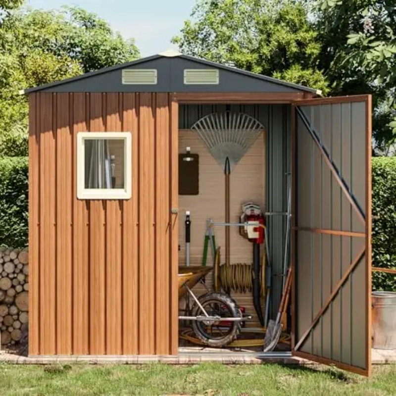 Gardening Tools In - 屋外収納庫 6x4フィート、窓付きロック可能な金属製ガーデン小屋、ツール小屋、小型屋外収納庫