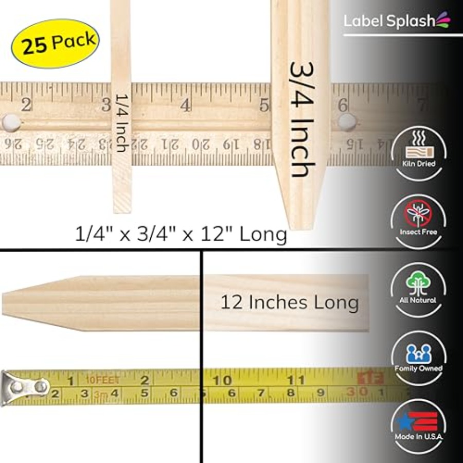 25本入り木製ガーデンステーク、長さ12インチ×幅3/4イン - Garden Row Marker のレビューと価格