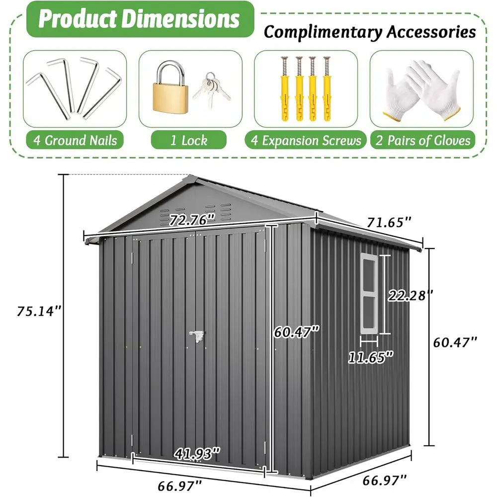 6x6フィートの亜鉛メッキ鋼製屋外収納庫（ロック可能なドア、 - Gardening Tools In のレビューと価格